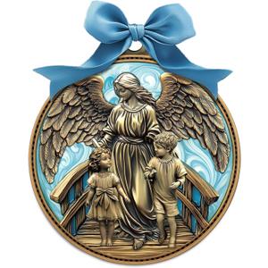 Misdary Guardian Angel Crib Medal Blue Ribbon Round Religious Decor for Baby Nursery Baptism Christening Gift Keepsake Gift, 3 Inch