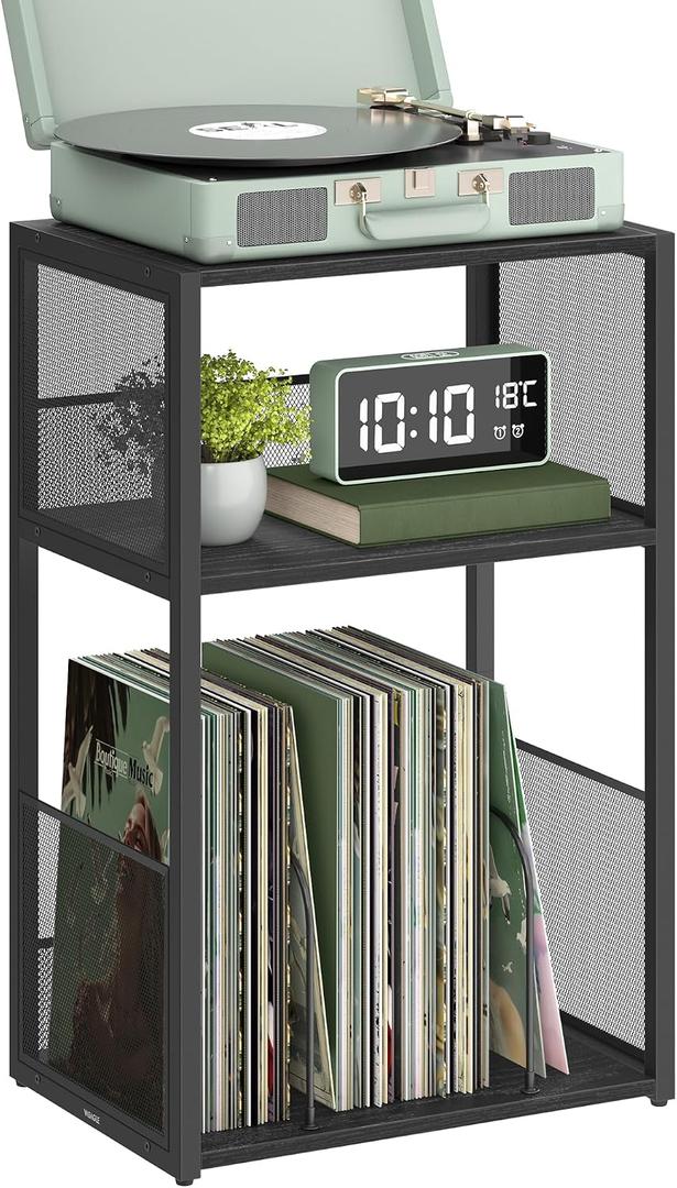 VASAGLE Record Player Stand, 3-Tier Side Table, Vinyl Record Storage up to 100 Albums, End Table for Living Room, Bedroom, Ebony Black ULET275B01
