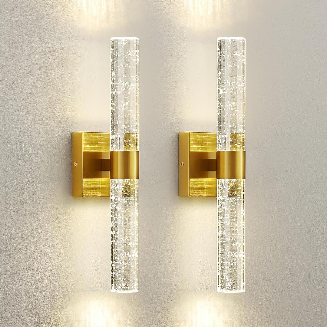 Gold Wall Sconces Set of Two - Modern Crystal Sconces Wall Lighting 12W 4000K LED Wall Sconce Dimmable Indoor Wall Light Fixtures for Bathroom Bedroom Living Room Hallway, 18 Inch
