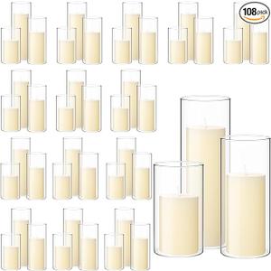 Shihanee 108 Pcs Pillar Candles and Glass Cylinder Vases Clear Cylinder Holders for Slim Pillar Candles Table Decorations, Total 54 Sets(Ivory White,108 Pcs)