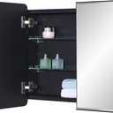 Black Bathroom Medicine Cabinet with Round Corner Framed Door and Beveled Edge Mirror 22 x 20 inch, Recessed or Surface Mount, with Adjustable Glass Shelves