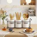 Bekith 3-Piece White Ceramic Silverware Caddy with Black Metal Rack, Utensil Holder Flatware Caddy Cutlery Storage Organizer for Kitchen Table, Cabinet or Pantry