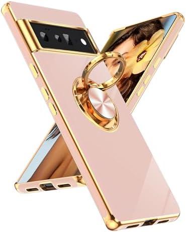 LeYi for Google Pixel 6 Pro Case: 360° Rotatable Ring Holder Magnetic Kickstand, Plating Rose Gold Edge for Google Pixel 6 Pro Case, Pink