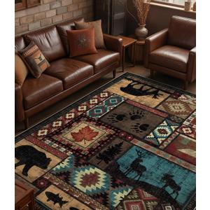YIHOUSE Rustic Cabin Area Rug 6x9,Machine Washable Lodge Bear Rug,Non-Slip Low Pile Print Pattern Southwestern Rug for Living Room Bedroom