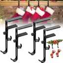 4 Pack Fireplace Stocking and Garland Hanger,2 in 1 Metal Mantle Hooks for Christmas Decorations,Adjustable No-Drill for Christmas Stocking & Holiday Garland Decorations, Black