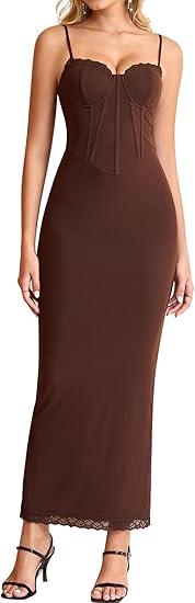KUTUMAI Vintage Lace Corset Floral Maxi Long Dress Bodycon Ruched Tie Formal Wedding Guest Dresses for Women Elegant, Brown, XL