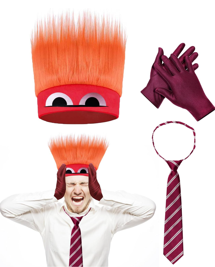 Anger Costume with Flame Hairy Headband，Stripe Tie & Red Gloves Angry Dress up Halloween Cosplay Outfits