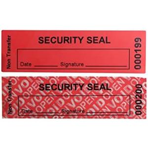 TamperSeals Group - 100pcs Non Transfer Tamper Evident Security Labels/Stickers/Seals for The Reusable Package and Expensive Surface (Red, 1 x 3.35 inches, Serial Numbers)