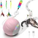 Interactive Cat Toy for Indoor (Sounds&Touch Control) Smart Cat Toys-Automatic Moving Cat Ball Toy-Fast Slow 2Speed with Feathers Tail&Lights for Kittens,Older Cats,Bored Cats,Ferret,USB Rechargeable (Pink)