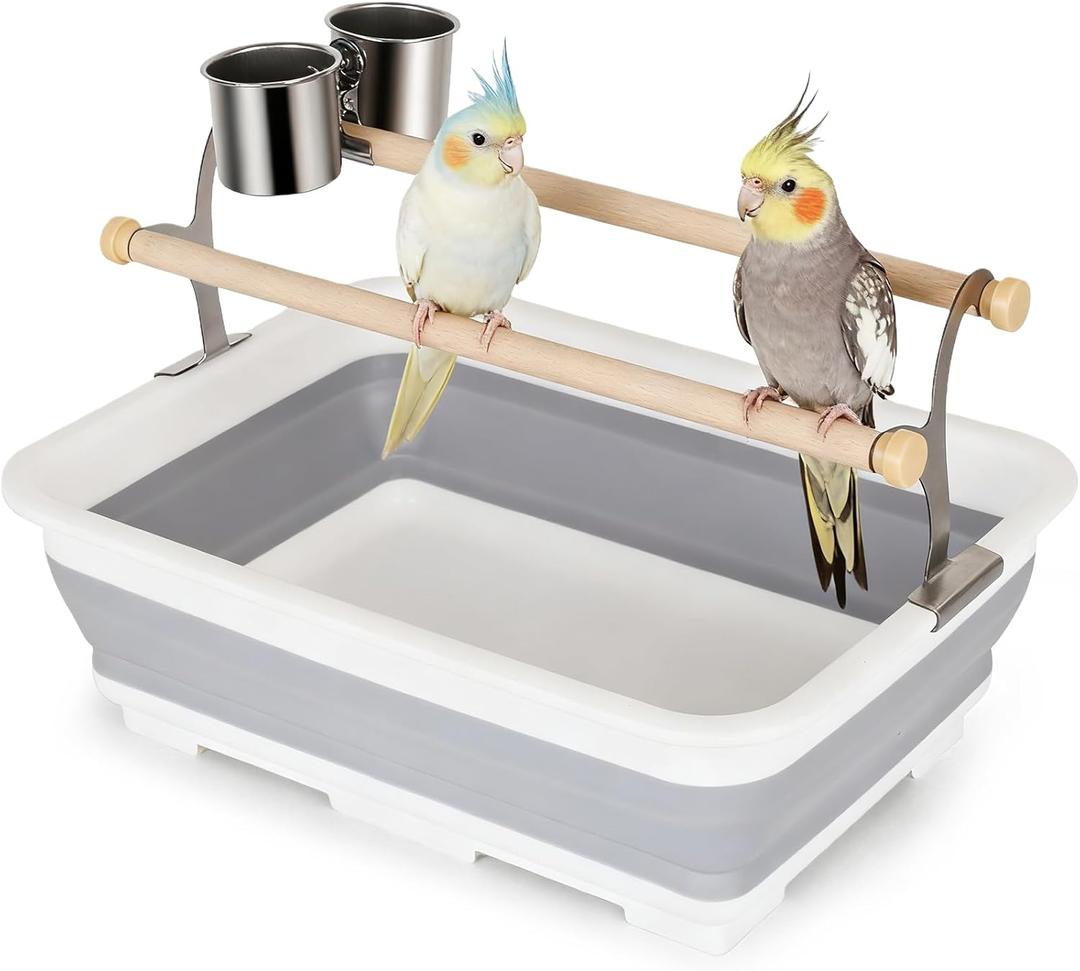 Bird Desktop Shower Perch with Bucket, Training Stand with Collapsible Plastic Tray Two Perches Double Feeder Cups, Table Bath Perches for Small to Medium Sized Parakeet Cockatiel Conure Budgies (Large, Grey)