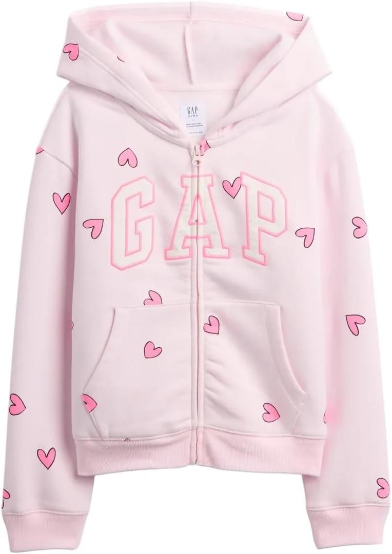 GAP girls Logo Hoodie Hooded Full Zip Sweatshirt (Light Pink Heart), Size Large