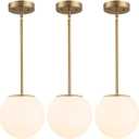 Modern Globe Pendant Light Mid Century Opal Glass Hanging Light Fixture Gold Finish, 3-Light Glass Pendant Lighting for Kitchen Island Dining Room Bedroom Hallway and Bathroom, Glass - 3-Pack