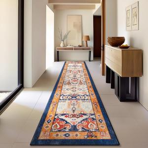 Phantoscope Washable Runner Rug 2'x10' Non-Slip, Vintage Boho Hallway Rugs for Entryway, Stair, Bedroom, Dining Room, Distressed Persian Market Pattern, Low-Pile Foldable Floor Carpet, Navy/Orange