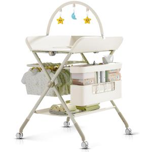 Changing Table, Portable Baby Changing Table with Wheels, Upgraded Foldable Diaper Changing Station with 5-Level Adjustable Height & Large Nursery Organizer Storage for Newborn Infant (Beige)