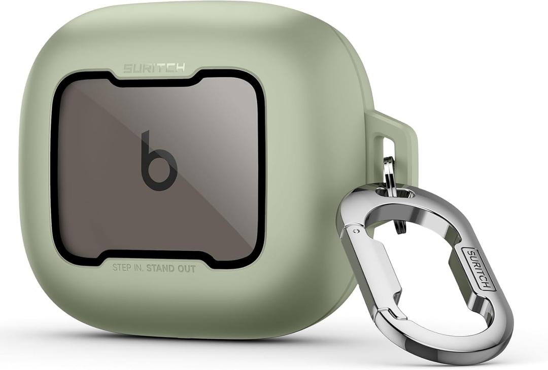 SURITCH Case for Beats Powerbeats Fit Case Cover, Magnetic Bumper Cases for Powerbeats Fit Earbuds 2025, Shockproof Protective Cover with Magnetic Lock & Carabiner for Workout, Sport, Travel, Green