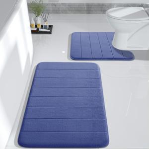 Yimobra Memory Foam Bath Mat Set 2 Piece - Super Soft Absorbent Quick Dry Bathroom Toilet Rugs, Machine Washable Non Slip Floor Carpet for Tub Shower & Single Sink (31.5x20 & 24x20, Navy Blue)