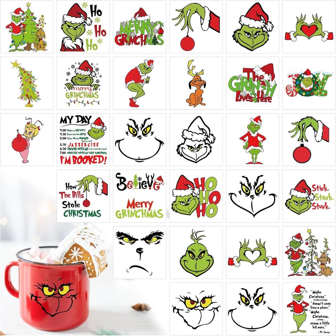 Christmas Face Decal Stickers for Crafts Small Vinyl Faces Eyes Pitcher Rub on Transfers UV Decals for Ornaments Glass Drinking Cups Wood Bowl Decorations Balls Party Supplies (hand30)