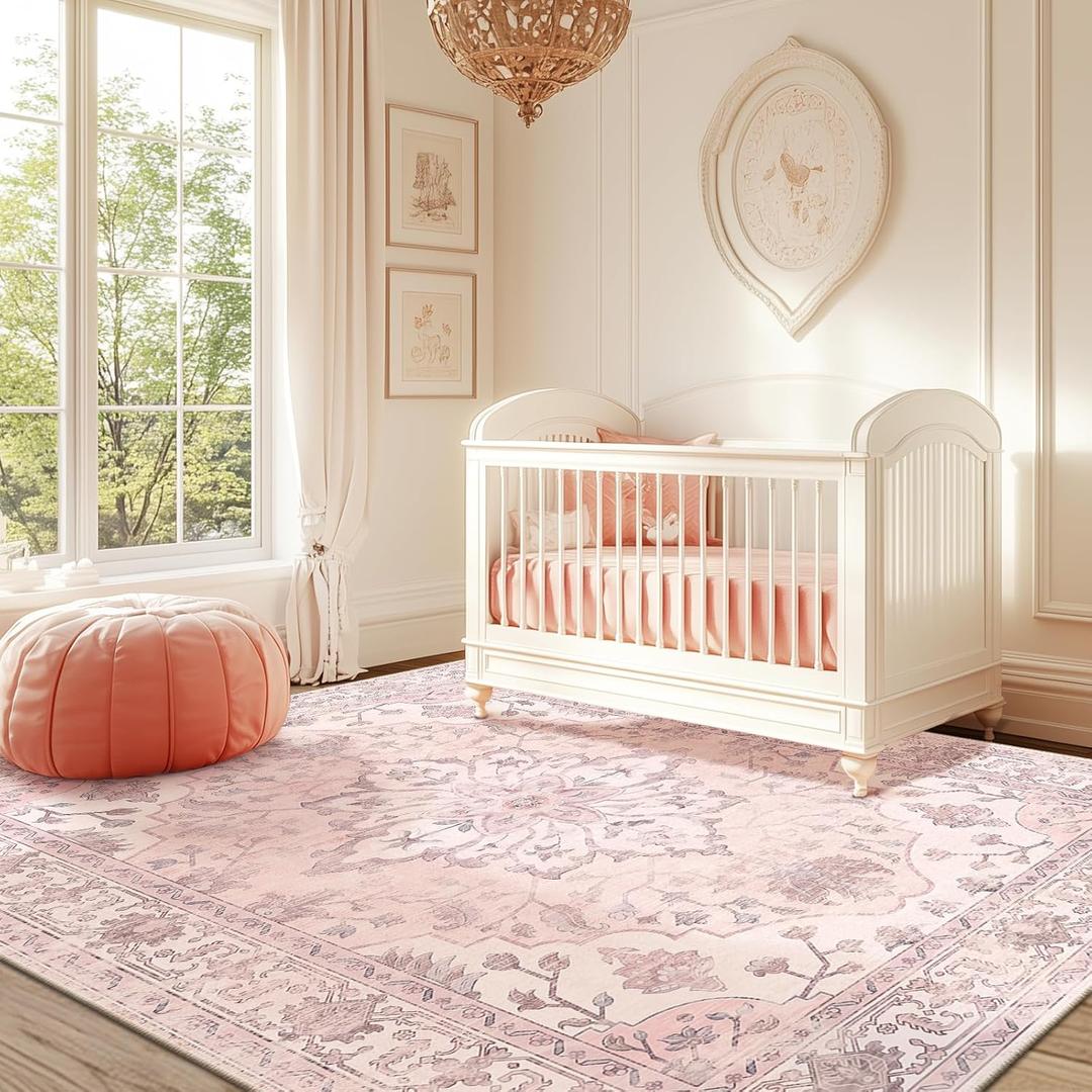 Area Rugs 6'x9' Washable Non-Slip, Floral Vintage Distress Print Pattern Medallion Carpet for Living Room Bedroom Dining Room, Pink Greypink Cute