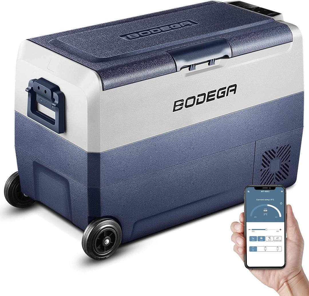 BODEGA 12 Volt Portable Car Refrigerator 53 Quart Single Zone | With wheels，Car Freezer Bluetooth Control,-4℉-68℉ Electric Cooler 12/24V DC &100-240V AC for Travel,Camping,RV, Road Trip, T50T