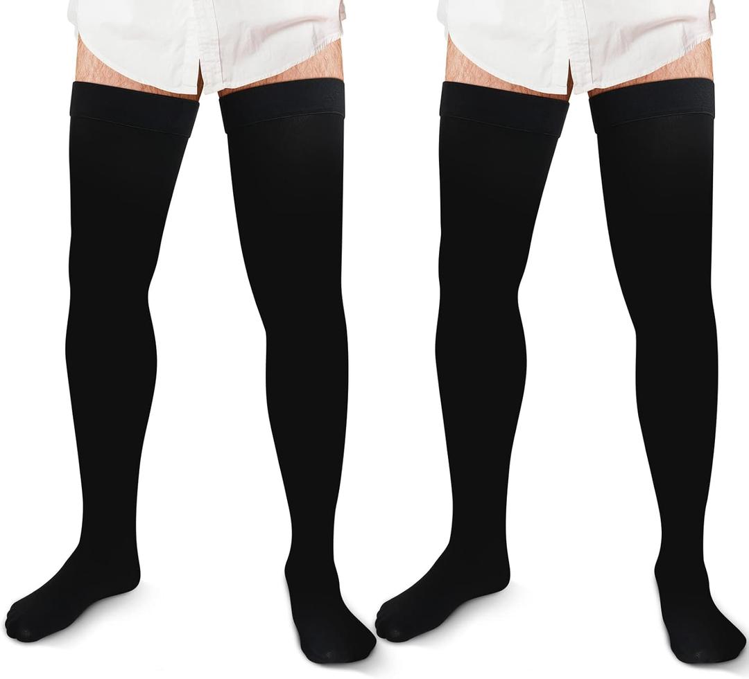 Zhanmai 2 Pairs Thigh High Men's Compression Socks 20-30 Mmhg Compression Stocking with Silicone Grip Men's Dress Socks (Large)