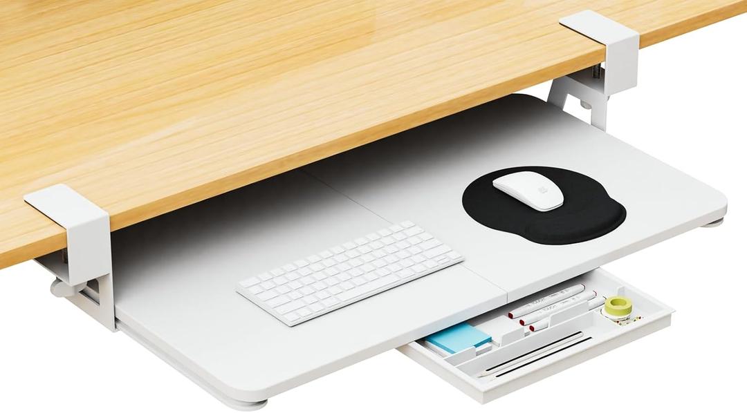 Desktop Keyboard Tray, Under Desk Pull Out, 26.77" X 11.81" Large Size Keyboard Tray with C-Clip Mount, Easy Installation, Computer Keyboard Stand, for Home Study and Office (White)