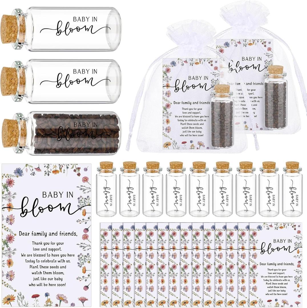 Liliful 50 Set Baby in Bloom Baby Shower Party Favors for Guests Seed Organizer Glass Bottles with Cork Stopper Thank You Cards and Organza Bags Wildflower Floral Gender Reveal Supplies, No Seed