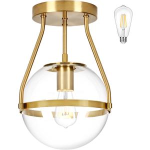 9.8" Semi Flush Mount Ceiling Light with Clear Glass Shade Mid Century Ceiling Light Modern Gold Globe Semi Flush Mount Ceiling Light Fixture for Bedroom Hallway Bathroom Foyer (Bulb Incl.)