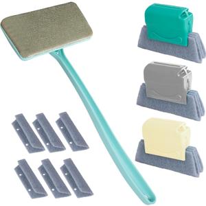 Window Screen Cleaner & Track Cleaning Kit – Mesh Screen Cleaning Brush + 3 Groove Brushes & 6 Replacement Cleaning Cloths – 14.8″ Detachable Long-Reach Handle, Wet & Dry Dual-Use