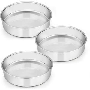E-far 8 Inch Cake Pan Set of 3, Stainless Steel Round Layer Cake Baking Pans, Non-Toxic & Healthy, Mirror Finish & Dishwasher Safe