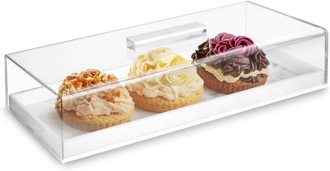 Clear Acrylic Rectangular Serving Tray with Lid - Grey Black Marbleized Grain Cake Holder, Cake Stand Display Set for Cheese, Chips, Fruit Platter