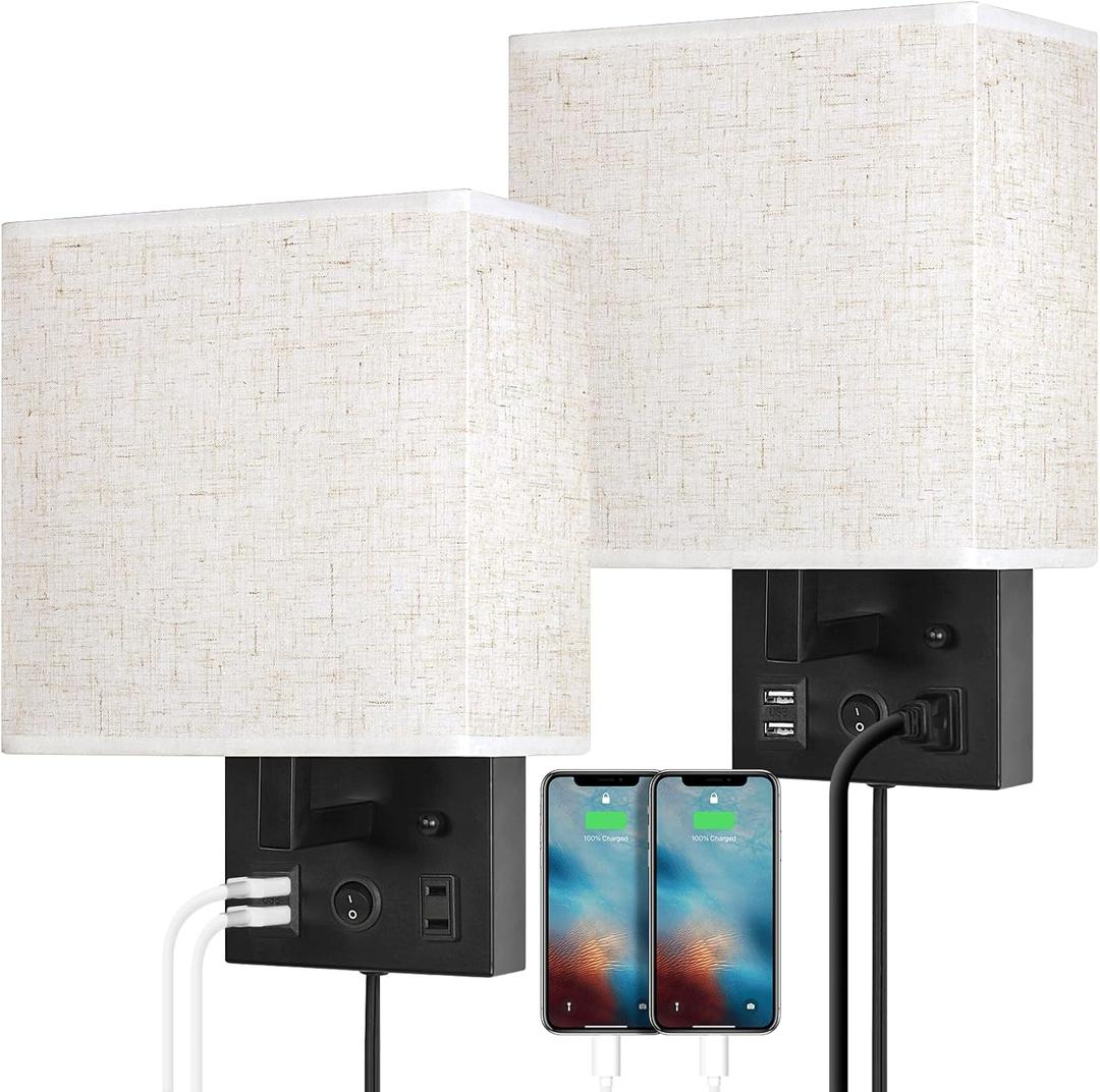 CADUKE Bedside Wall Lamp Set of 2, Plug in Wall Sconce with USB Charging Port and AC Outlet, Modern Black Brushed Nickel Wall Light with Plug in Cord for Living Room Office, E26 LED Bulb Included