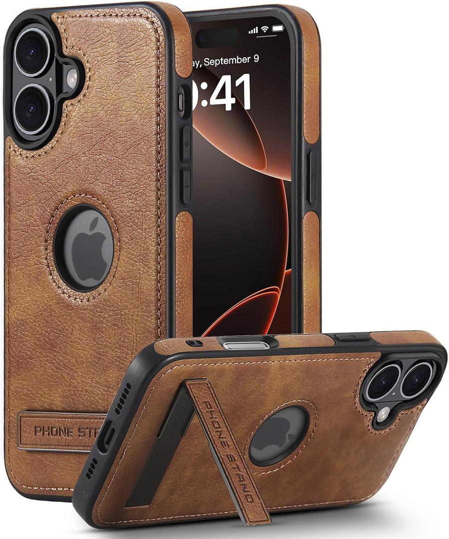 Leather Case for iPhone 16 Plus Case, Protective Slim with Kickstand Shockproof Phone Cases, Built-in Invisible Stand Compatible with iPhone 16 Plus 6.7'', Brown