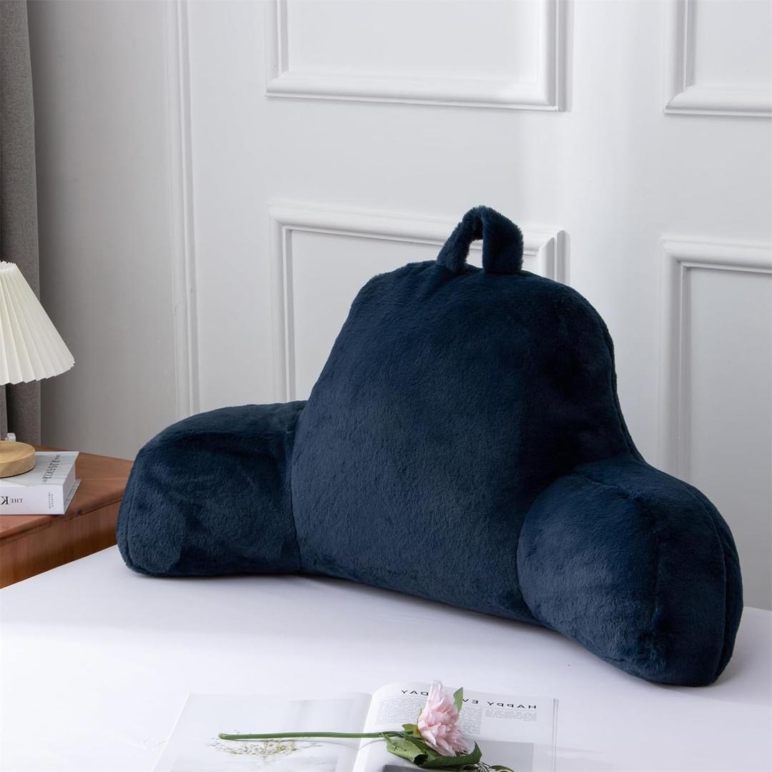 A Nice Night Faux Fur Reading Pillow Bed Wedge Large Adult Children Backrest with Arms Back Support for Sitting Up in Bed/Couch for Bedrest,Navy (Standard)
