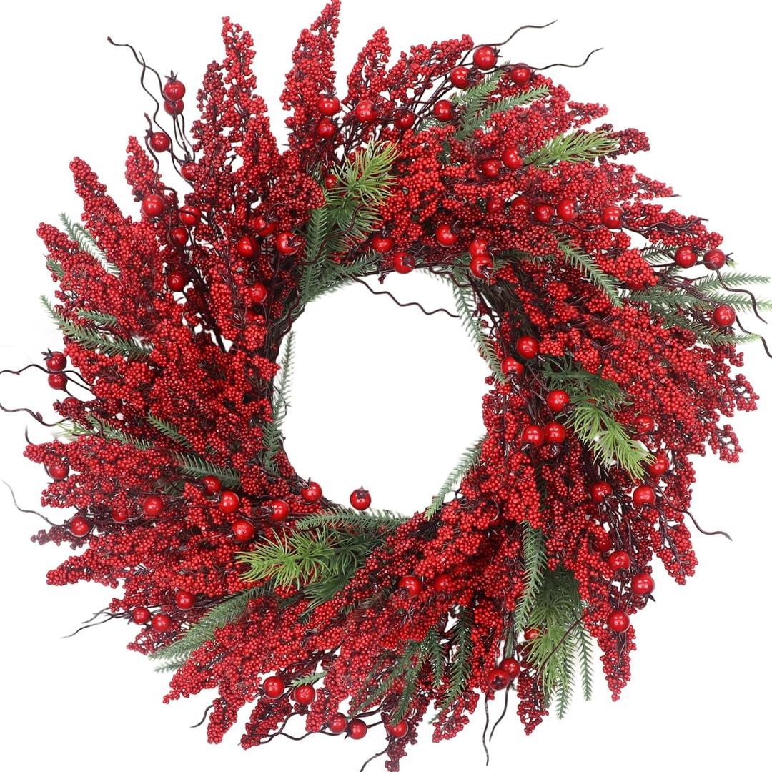 Christmas Wreath 24 Inch Christmas Wreath for Front Door, with Pine Needle Red Berries,for Fireplace Mantel, Wall Christmas Decorations Home Indoor and Outdoor Holiday Decor Wreaths