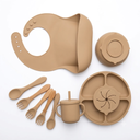 BPA-FREE 7-Piece Silicone Baby Feeding Set, Non-Toxic Plates and Utensils, Includes Divided Plate, Suction Bowl, Sippy Cuf Bib, Spoons and Fork beige