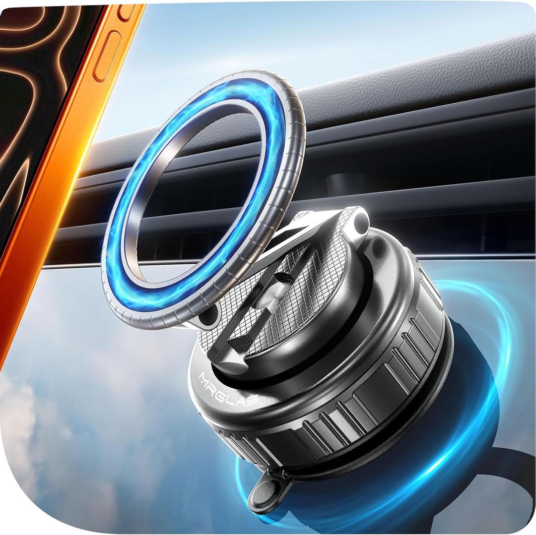 MRGLAS 2026 Upgraded 360 Rotation Vacuum Magnetic Phone Holder Stand,for Magsafe Suction Cup Phone Mount [109+LBS Strongest Suction & Magnetic] Adjustable Swivel Lock, for Your Car/Gym/Mirror/Kitchen (Black)