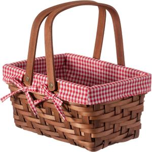Wickerwise Small Rectangular Woodchip Picnic Baskets with Double Folding Handles, Natural Hand-Woven Basket Lined with Gingham Red and White Lining Great for Gifts (Twin)