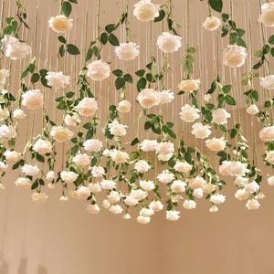 Lyrow 60 Pack Artificial Flower Hanging Flowers Ornament Floating Garland Ceiling Rose Strings for Wedding Anniversary Engagement Marriage Proposal Floral Birthday Party Decor (Rose,White)
