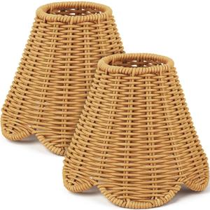 Glooglitter 2 Pcs Clip on Rattan Lamps Shade Small Scalloped Lampshade 3" Top x 6" Bottom x 5-1/4" Slant Height Empire Lamp Shade for Chandelier Ceiling Light Pendant Floor Lamp