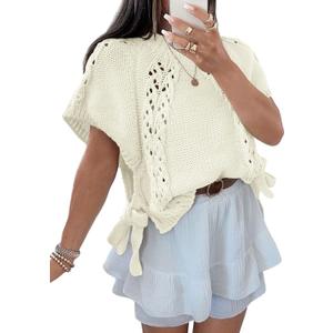 Saodimallsu Womens Summer Crochet Sweaters Batwing Cap Sleeve Cable Knit Crewneck Side Tie Casual Pullover Tops (X-Large, White)