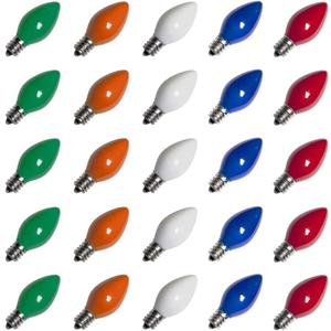 25 Pack C7 LED Multicolor Christmas Replacement Light Bulbs, C7 Vintage Multicolor Ceramic LED Bulbs for Christmas Outdoor Indoor String Lights, E12 Candelabra Base, 0.6 Watt, Saving Enengy LED Bulbs