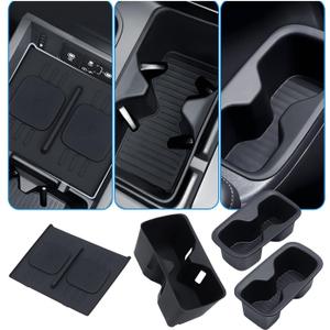 1st & 2nd Row Cup Holder Insert & Wireless Charging Protective Mat for Hyundai Santa Fe 2026 2025 2024, Center Console Interior Accessories Cup Holder & Wireless Charger Cover Pad, Black