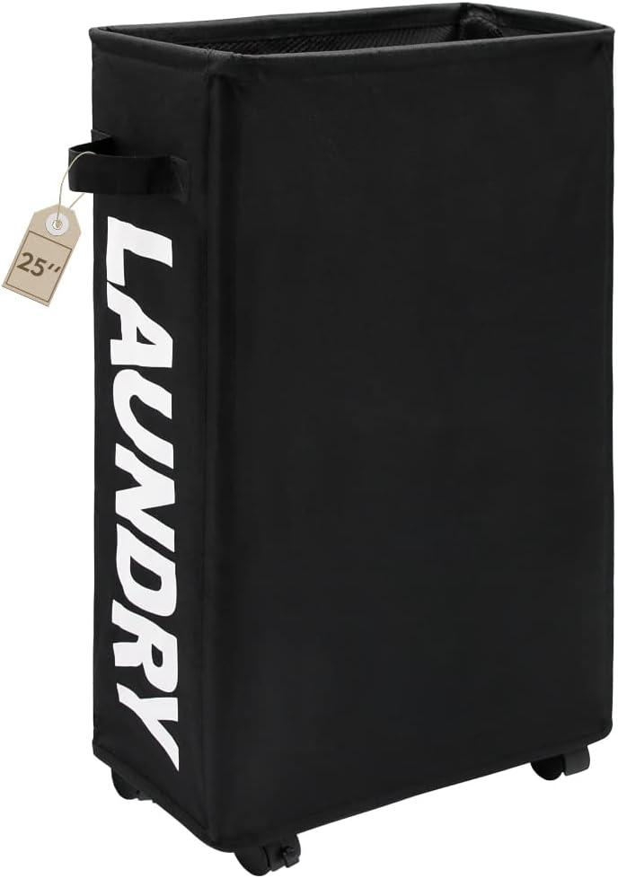 TOTANKI 25" Rolling Slim Laundry Basket on Wheels, Foldable Laundry Hamper with Handle, Collapsible Laundry Sorter and Organizer, Tall Storage Basket Bin (Black)