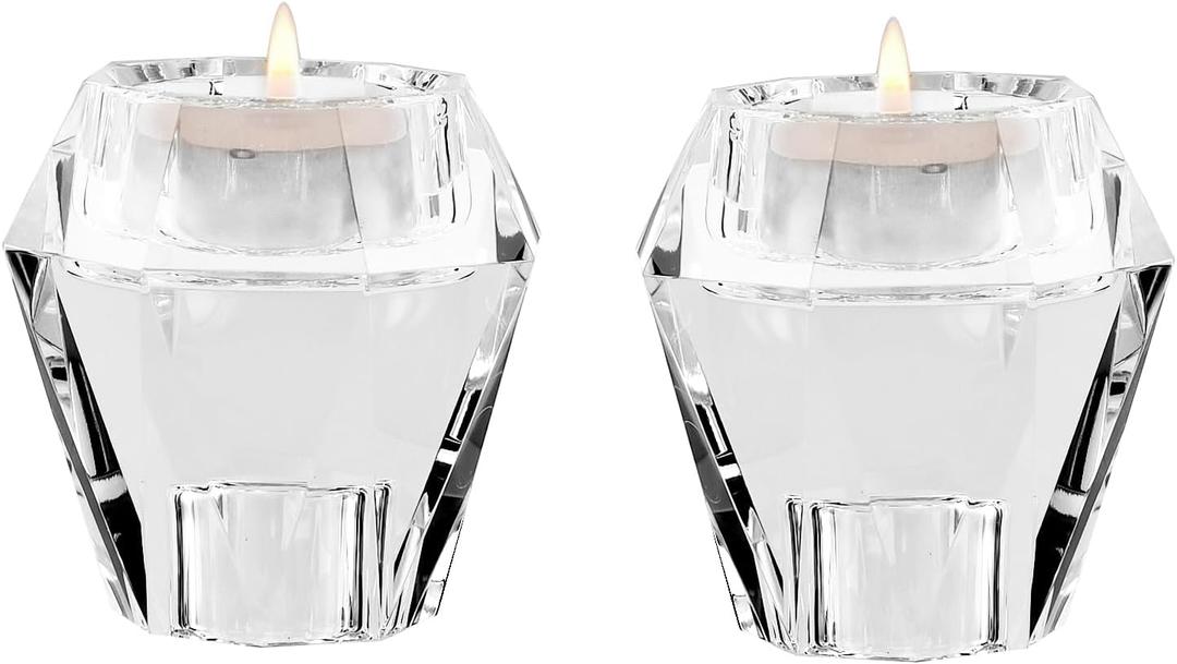 Crystal Candle Holders Pack of 2, Reversible Clear Tealight or Taper Candlesticks, Table Centerpiece Home Decor for Wedding, Dining, Party, Luxury Gift Set (Transparent)