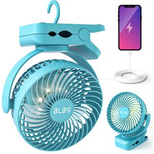 Clip on Fan 65Hrs Camping Fan with LED Light, 12000mAh Battery Operated Fans & PortableFan Rechargeable, Small Desk Fans USB TravelFan for Tent Camping Golf Stroller, Blue