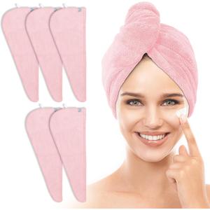 TENSTARS 5 Pack Thicken Microfiber Hair Towel Wrap for Women - Elastic Loop Design - 320GSM Coral Velvet - Quick Dry Hair Turban - 11x28 Inch (Pink)