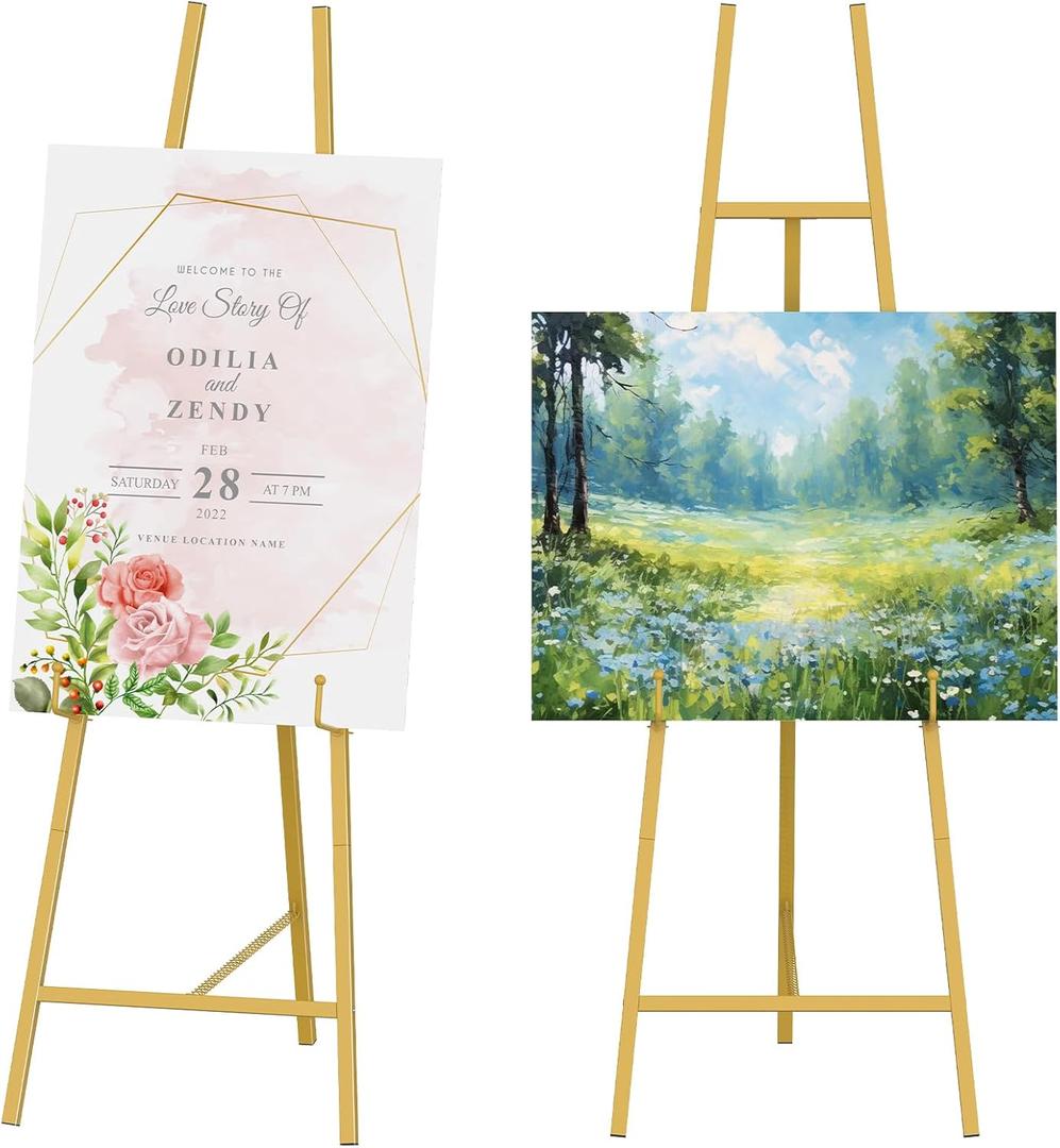 2 Pack Metal Scroll Display Easel, Gold Decorative Large Adjustable Floor Standing Easel with Chain Support, Arts Crafts Painting Drawing Art Supplies Easels, Perfect for Picture Frame Wedding Sign