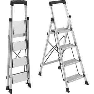 HBTower 4 Step Ladder,Lightweight Aluminum Folding Step Stool with Anti-Slip Wide Pedal,330lbs Capacity Step Ladder for Household,Kitchen,Office - Silver