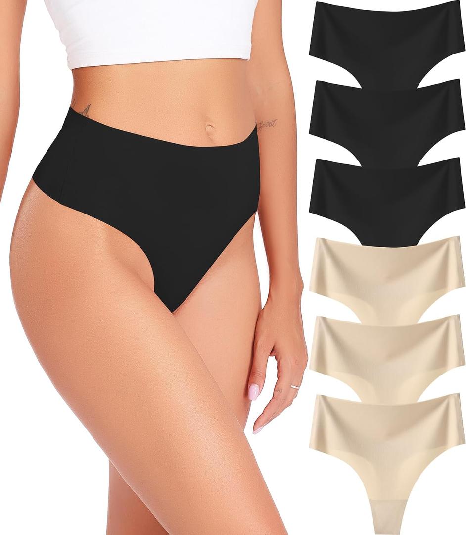 Wealurre Womens Underwear High Waisted Seamless Thongs for Women Breathable No Show Panties for Ladies 6 Pack XS