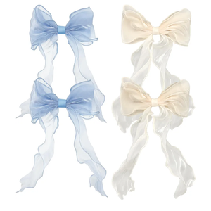 4 PACK Light Blue and Champagne Big Ribbon Hair Bows, Large Hair Accessories, Oversized Long-tail Hair Clips for Women and Girls Hair Styling Accessories.